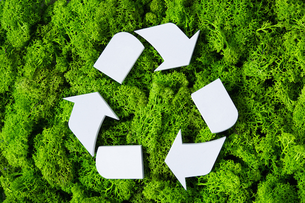 Top view of white recycle eco symbol on green moss with copy space. High angle view of recycled sign and eco concept on green background. Recycling and conservation of the environment sign.